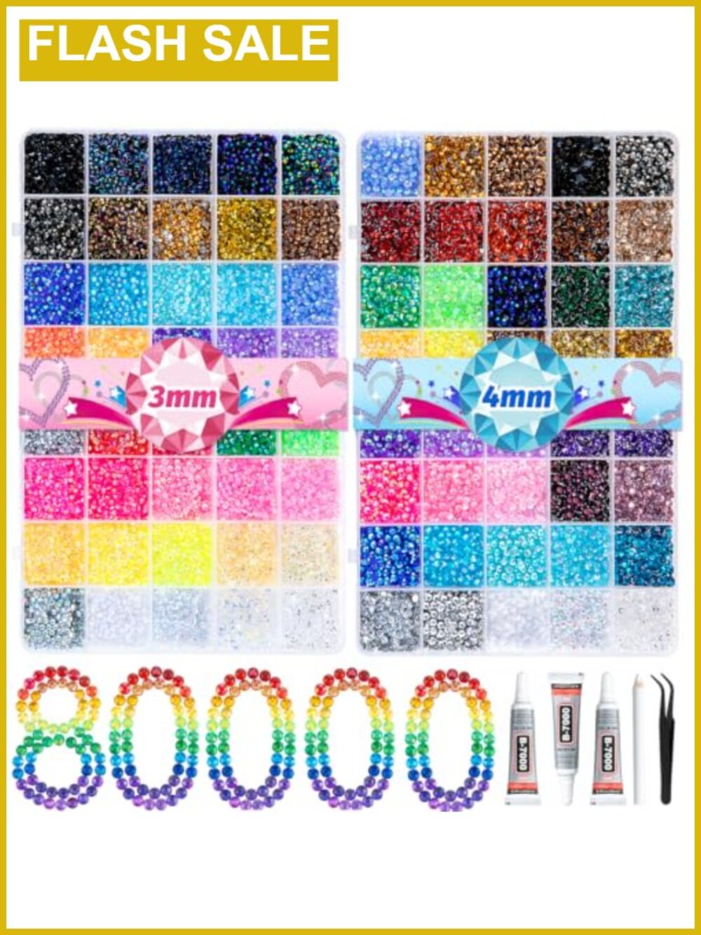 80,000 Rhinestones Kit 3mm 4mm 80 Colors with Glue Tools